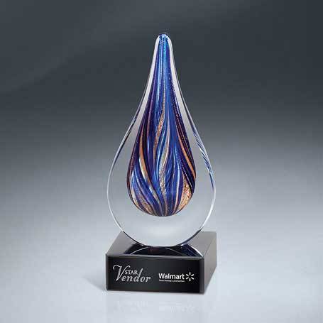 GM637 - Blue and Gold Art Glass Drop on Black Glass Base (Includes Black Lasered Plate)