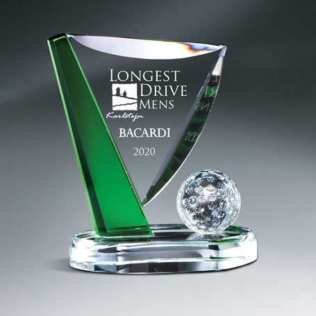 GM671B - Crystal Golf Ball and Green Accented Pin on Clear Base - Medium