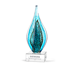 Art Glass Award with Teal and Green Teardrop with Gold Metallic Accent on Clear Base Award