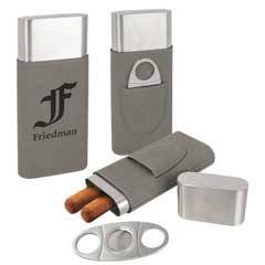 Leatherette Cigar Case with Cutter, Gray