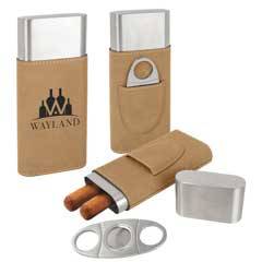 Leatherette Cigar Case with Cutter, Light Brown