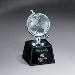 Optic Crystal Globe in Semi-Meridian Holder on Black Glass Base with Lasered Plate
